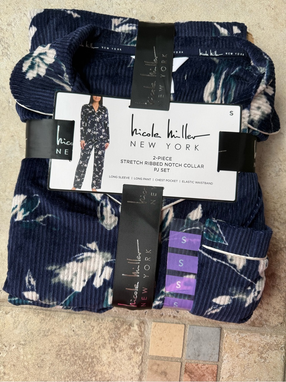 Nicole Miller New York 2-Piece Ribbed Pajama Set - Navy Floral - Size Small -NWT